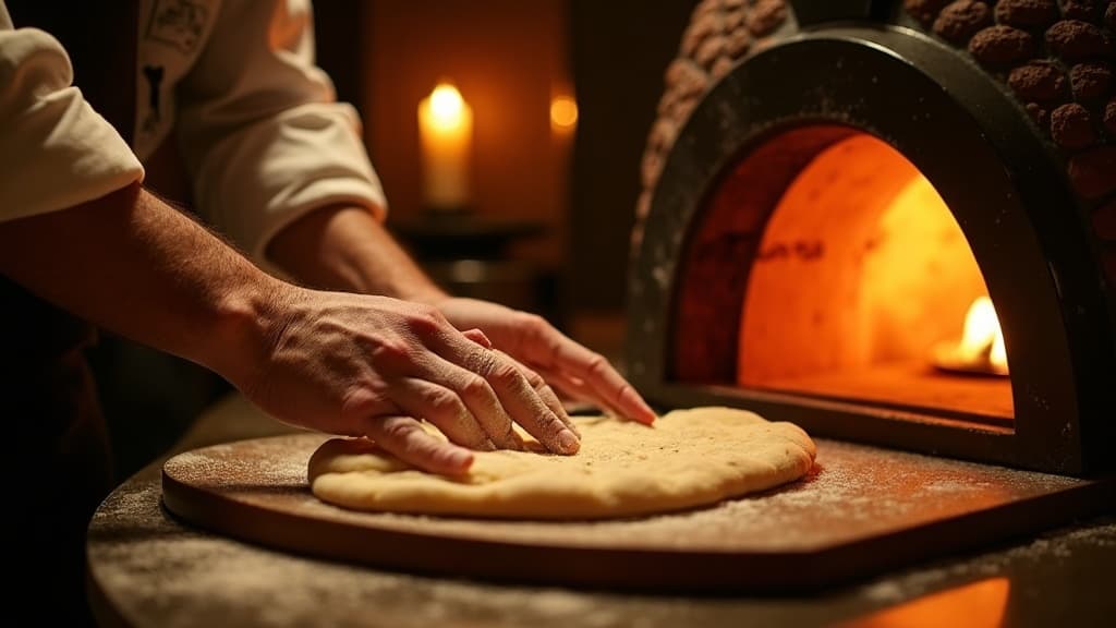 Chef pressing fresh naan beside a glowing tandoor
